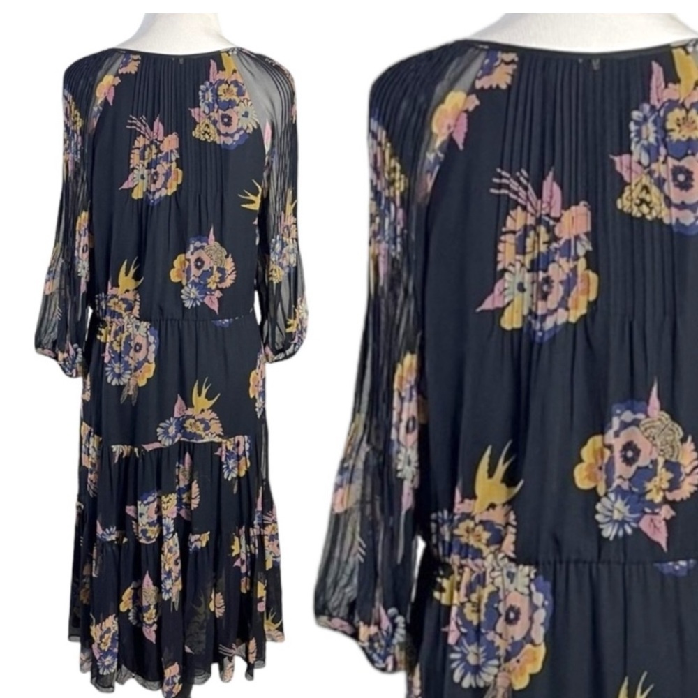 TIBI New York 100% Silk Lined Floral Bird Beetle Butterfly Midi Dress Size 2